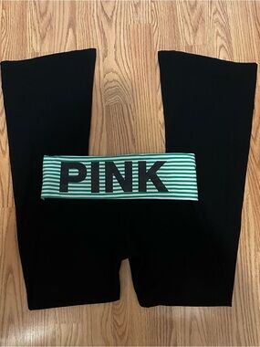 VS Pink Love Pink Originals Green Striped Foldover Flare Leggings S